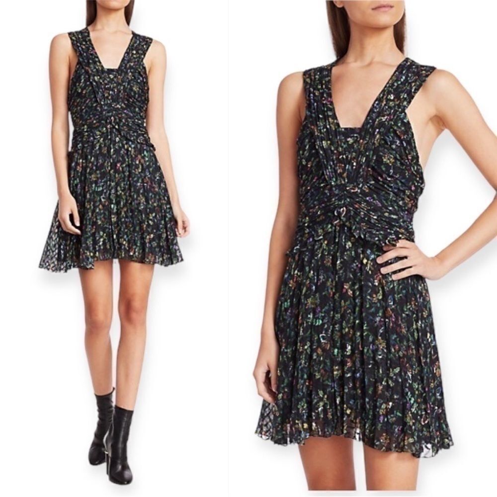 Derek Lam 10 Crosby Black Floral  Print Silk Mini Dress Size 6 Pleated Sleeveles